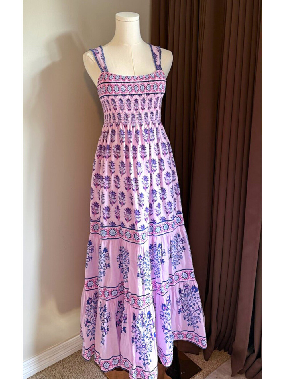 Celina Moon Floral Smocked Square Neck Maxi Dress M Pink Purple Cotton
